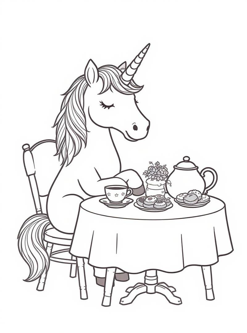 Unicornio sofisticado sentado en una mesa con tetera, taza y platillo para el té de la tarde