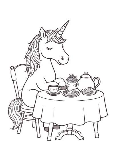 Unicornio sofisticado sentado en una mesa con tetera, taza y platillo para el té de la tarde