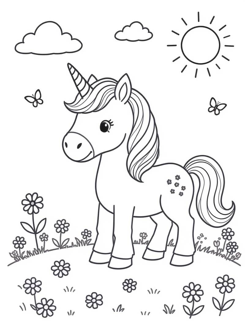 Lindo unicornio parado en un campo de flores con mariposas, sol y nubes