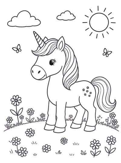 Lindo unicornio parado en un campo de flores con mariposas, sol y nubes