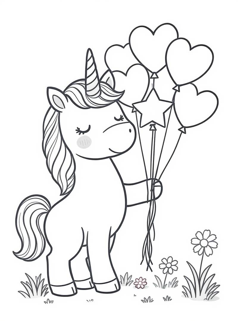 Unicornio feliz sosteniendo un ramo de globos en forma de corazón y estrella en un campo de flores