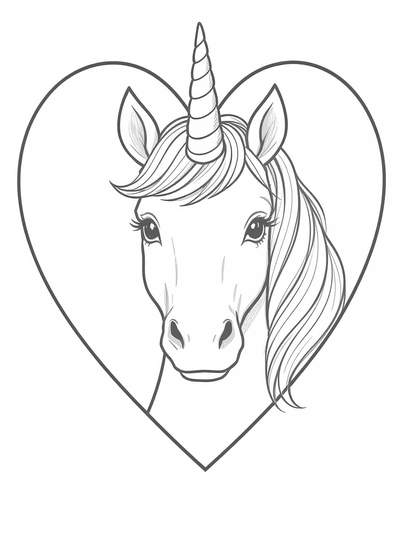Dulce retrato de cabeza de unicornio dentro de un marco en forma de corazón grande con melena fluida