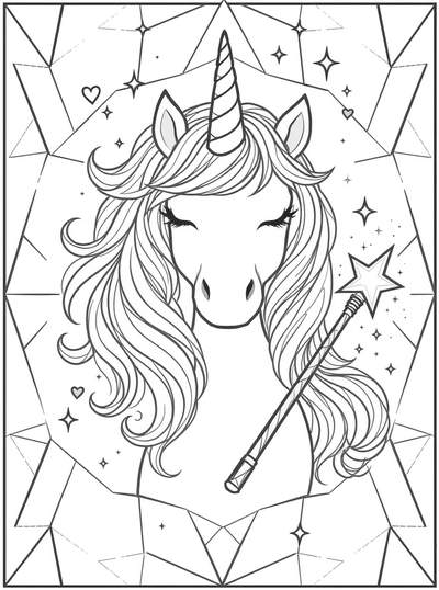 Retrato elegante de unicornio en estilo vitral con patrones geométricos, varita mágica y elementos decorativos