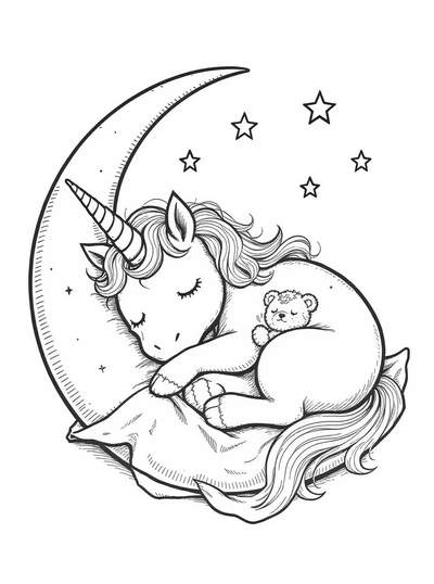 Unicornio pacífico durmiendo en una luna creciente con osito de peluche, rodeado de estrellas