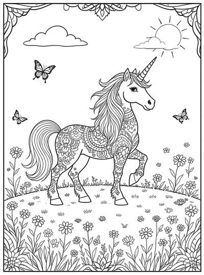 Unicornio artístico lleno de patrones mandala intrincados y diseños geométricos en un entorno de pradera decorativa
