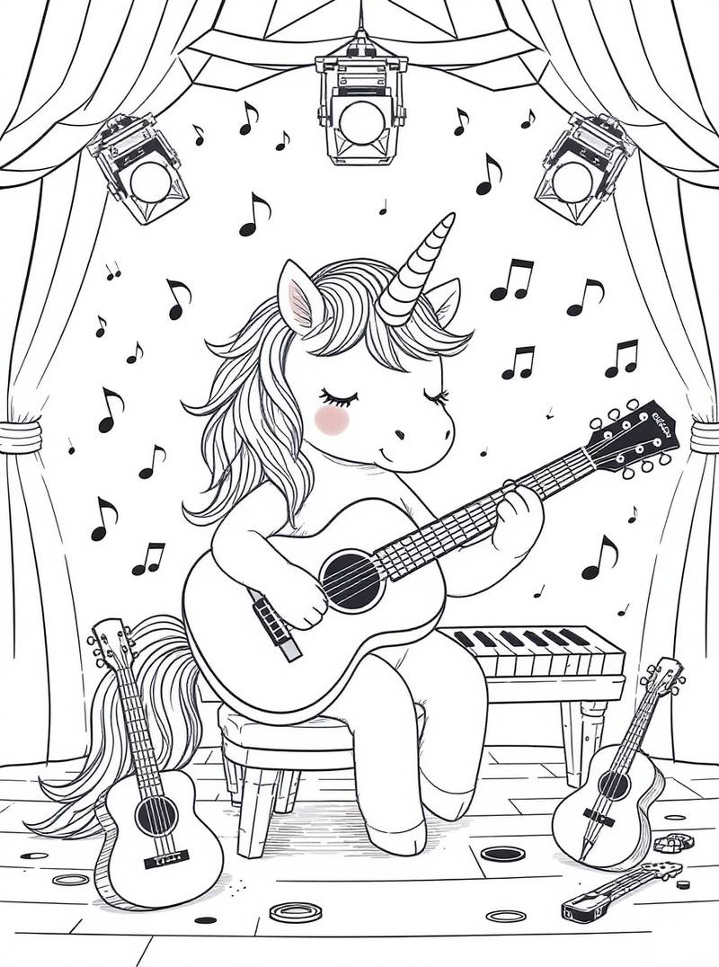 Unicornio musical actuando en escenario con guitarra, rodeado de instrumentos, luces y notas musicales