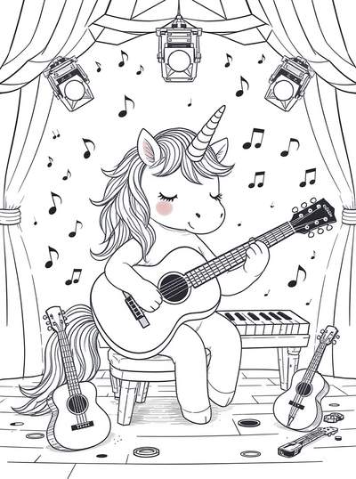Unicornio musical actuando en escenario con guitarra, rodeado de instrumentos, luces y notas musicales
