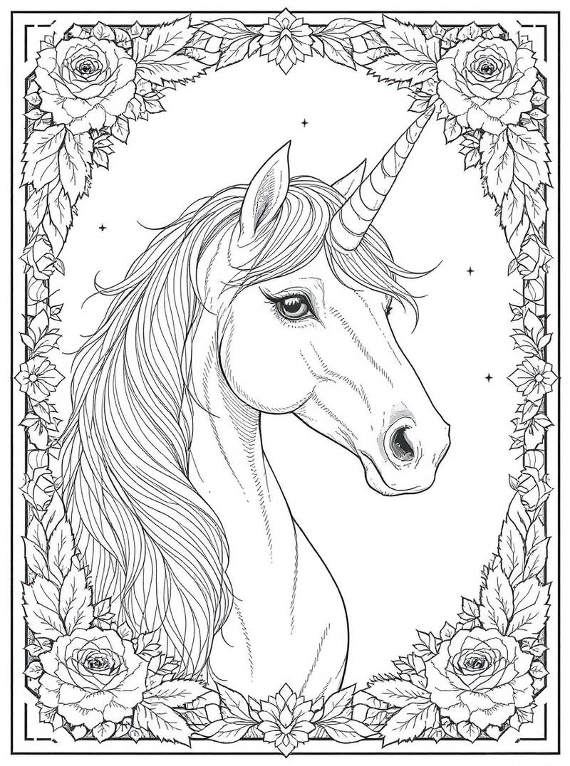 Retrato majestuoso de cabeza de unicornio dentro de marco decorativo elaborado de rosas, hojas y patrones geométricos