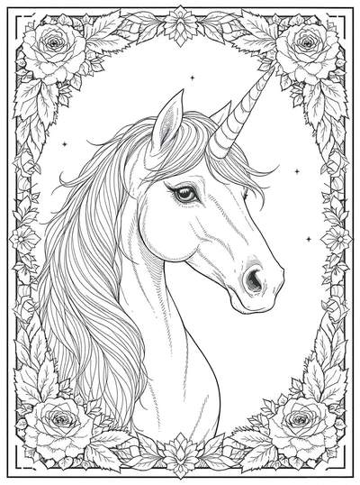 Retrato majestuoso de cabeza de unicornio dentro de marco decorativo elaborado de rosas, hojas y patrones geométricos