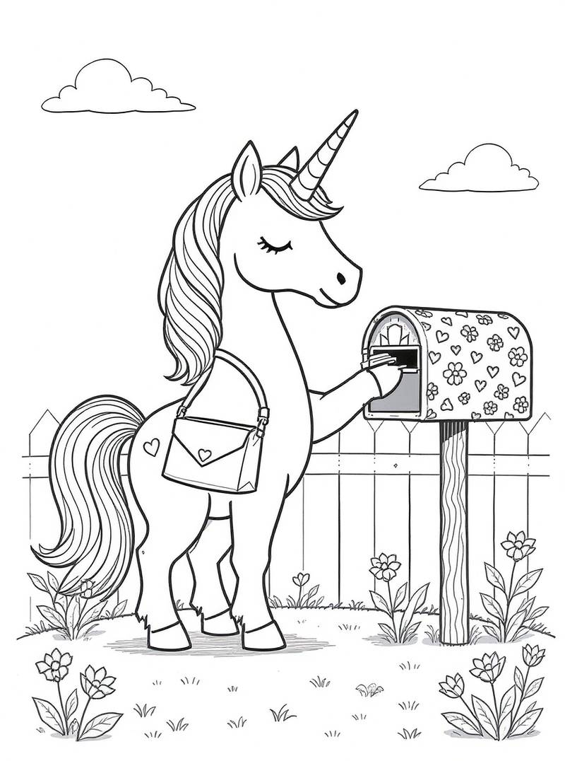 Lindo unicornio entregando correo con bolsa de hombro, poniendo cartas en buzón decorativo rodeado de flores