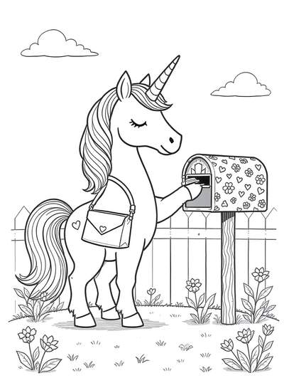 Lindo unicornio entregando correo con bolsa de hombro, poniendo cartas en buzón decorativo rodeado de flores