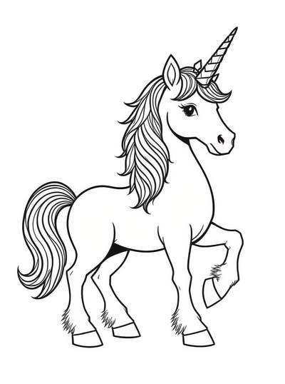 Unicornio simple en pose de salto con melena y cola fluidas, diseño de arte lineal limpio