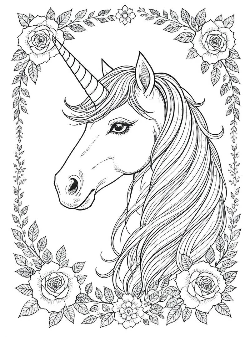 Hermoso retrato de unicornio rodeado por un marco ornamentado de rosas detalladas y hojas fluidas