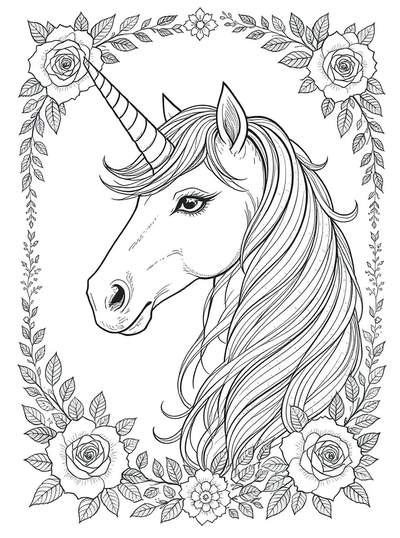Hermoso retrato de unicornio rodeado por un marco ornamentado de rosas detalladas y hojas fluidas