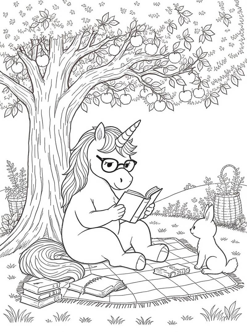 Unicornio estudioso usando gafas leyendo un libro en manta de picnic bajo árbol frutal con amigo conejo