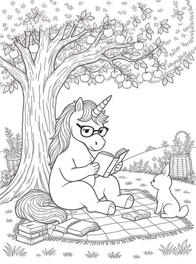 Unicornio estudioso usando gafas leyendo un libro en manta de picnic bajo árbol frutal con amigo conejo