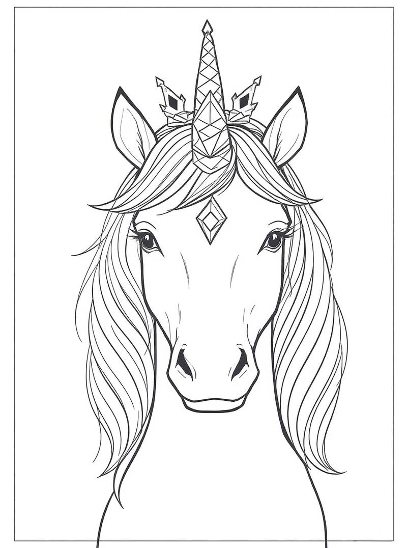 Elegant unicorn head portrait wearing an ornate crown with geometric patterns and gems