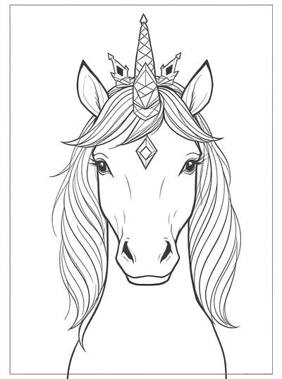 Elegante retrato de cabeza de unicornio usando una corona ornamentada con patrones geométricos y gemas