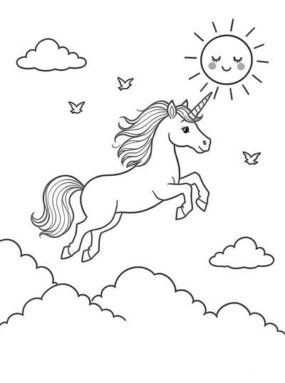 Unicornio grácil galopando entre nubes esponjosas con sol, pájaros y cielo pacífico