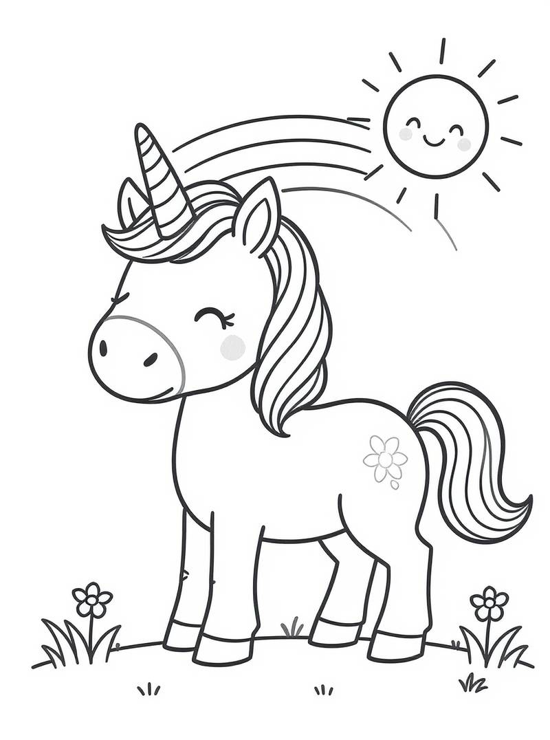 Lindo unicornio parado en un campo con arcoíris, sol sonriente y flores simples