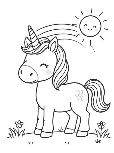 Lindo unicornio parado en un campo con arcoíris, sol sonriente y flores simples