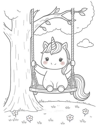 Adorable bebé unicornio con mejillas rosadas columpiándose felizmente en un columpio del árbol con flores alrededor