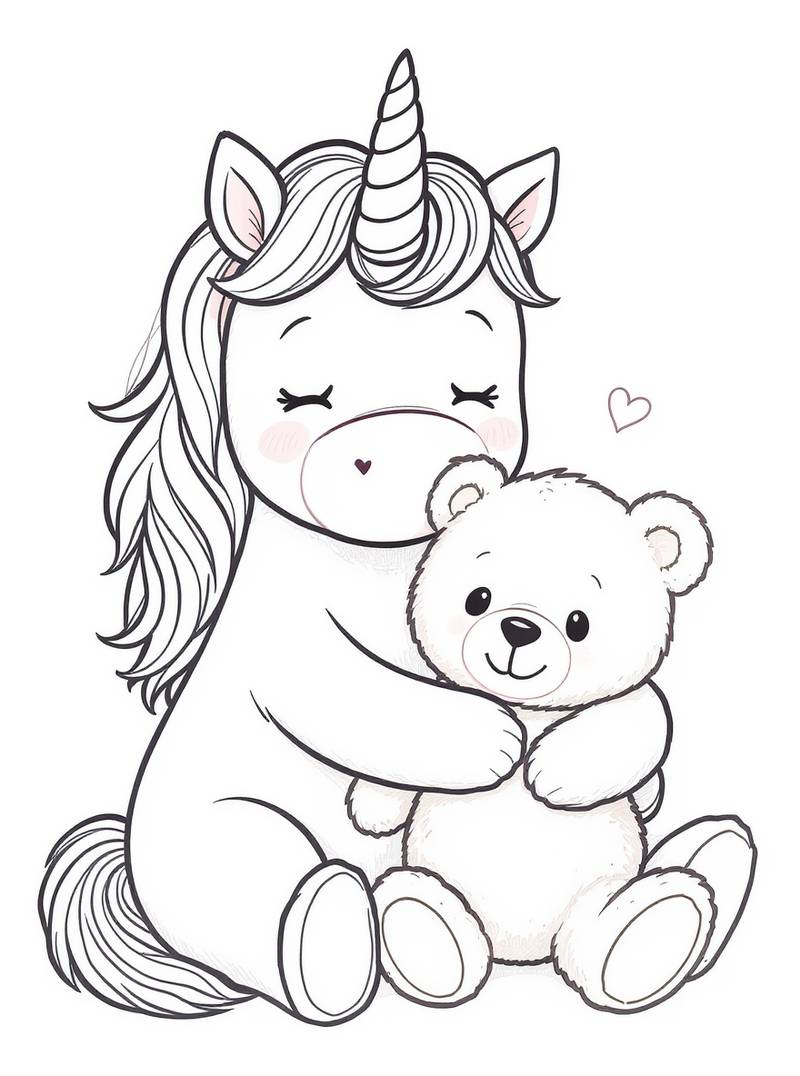 Dulce bebé unicornio dando abrazo cálido a osito de peluche en adorable estilo kawaii con corazón