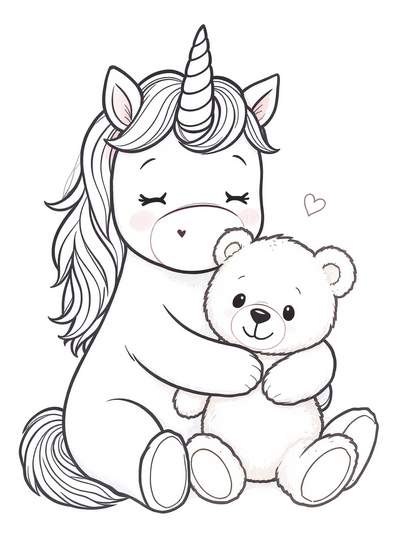 Dulce bebé unicornio dando abrazo cálido a osito de peluche en adorable estilo kawaii con corazón