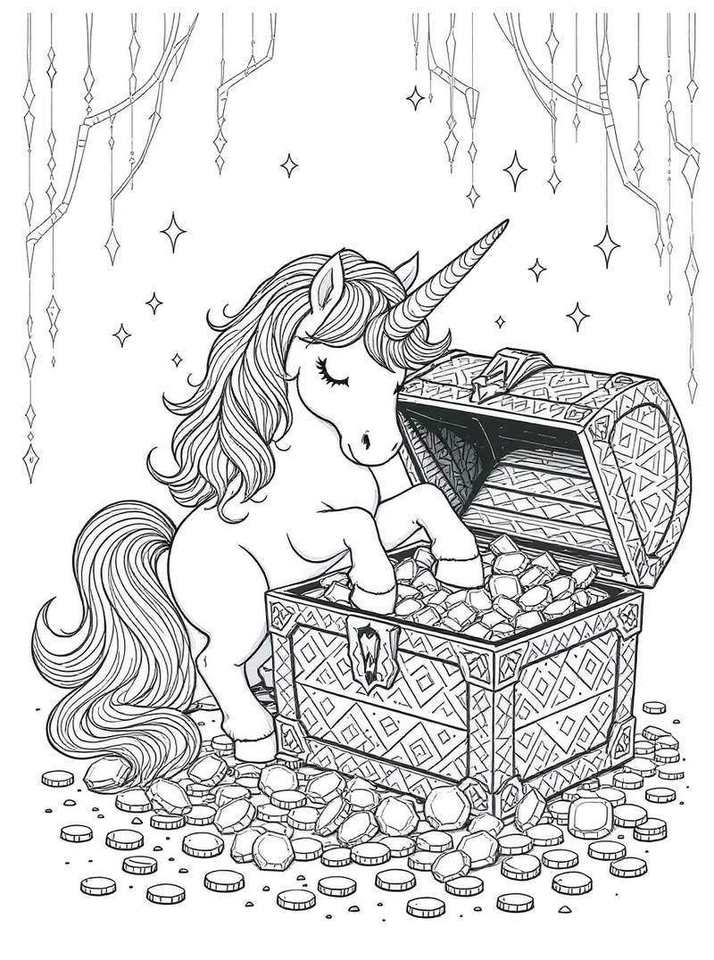 Unicornio curioso descubriendo un cofre del tesoro ornamentado lleno de gemas y monedas en una cueva de cristal