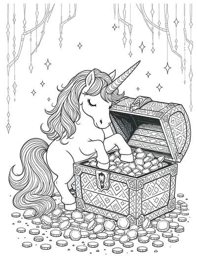 Unicornio curioso descubriendo un cofre del tesoro ornamentado lleno de gemas y monedas en una cueva de cristal