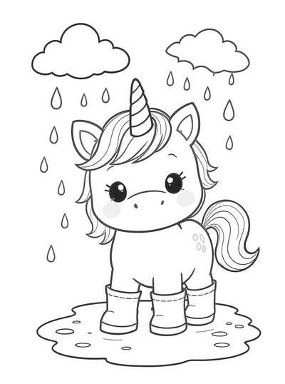 Adorable bebé unicornio usando botas de lluvia parado en charcos con nubes de lluvia arriba