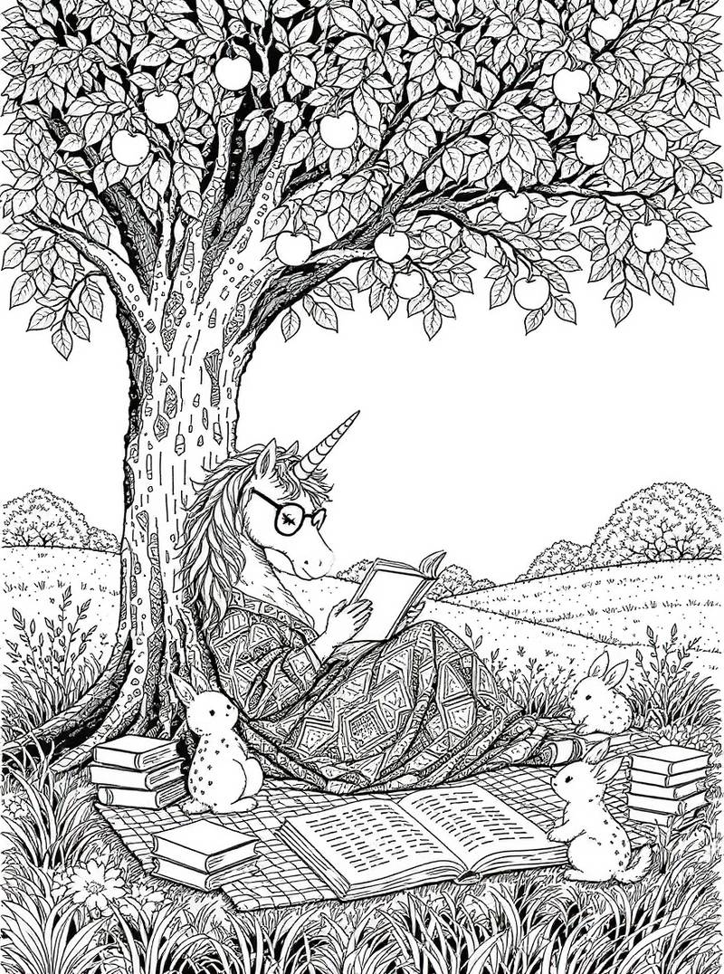 Unicornio estudioso leyendo un libro mientras se relaja bajo un manzano con libros esparcidos alrededor