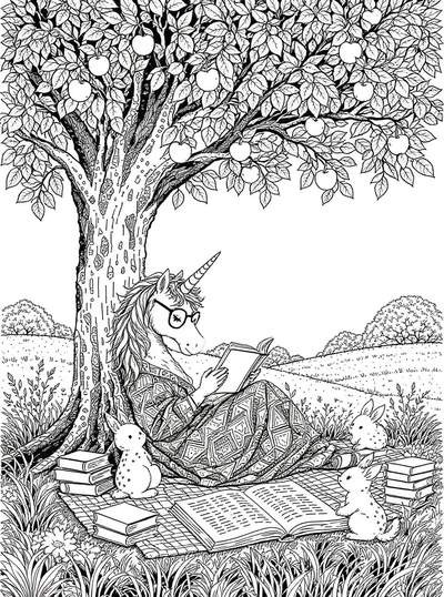 Unicornio estudioso leyendo un libro mientras se relaja bajo un manzano con libros esparcidos alrededor