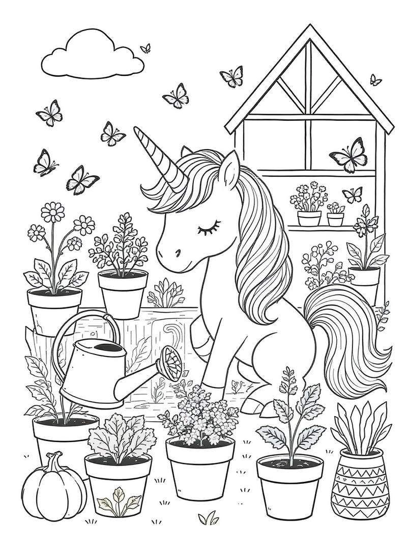 Unicornio gentil en un hermoso jardín rodeado de flores, plantas y mariposas