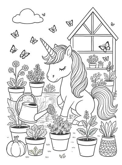 Unicornio gentil en un hermoso jardín rodeado de flores, plantas y mariposas