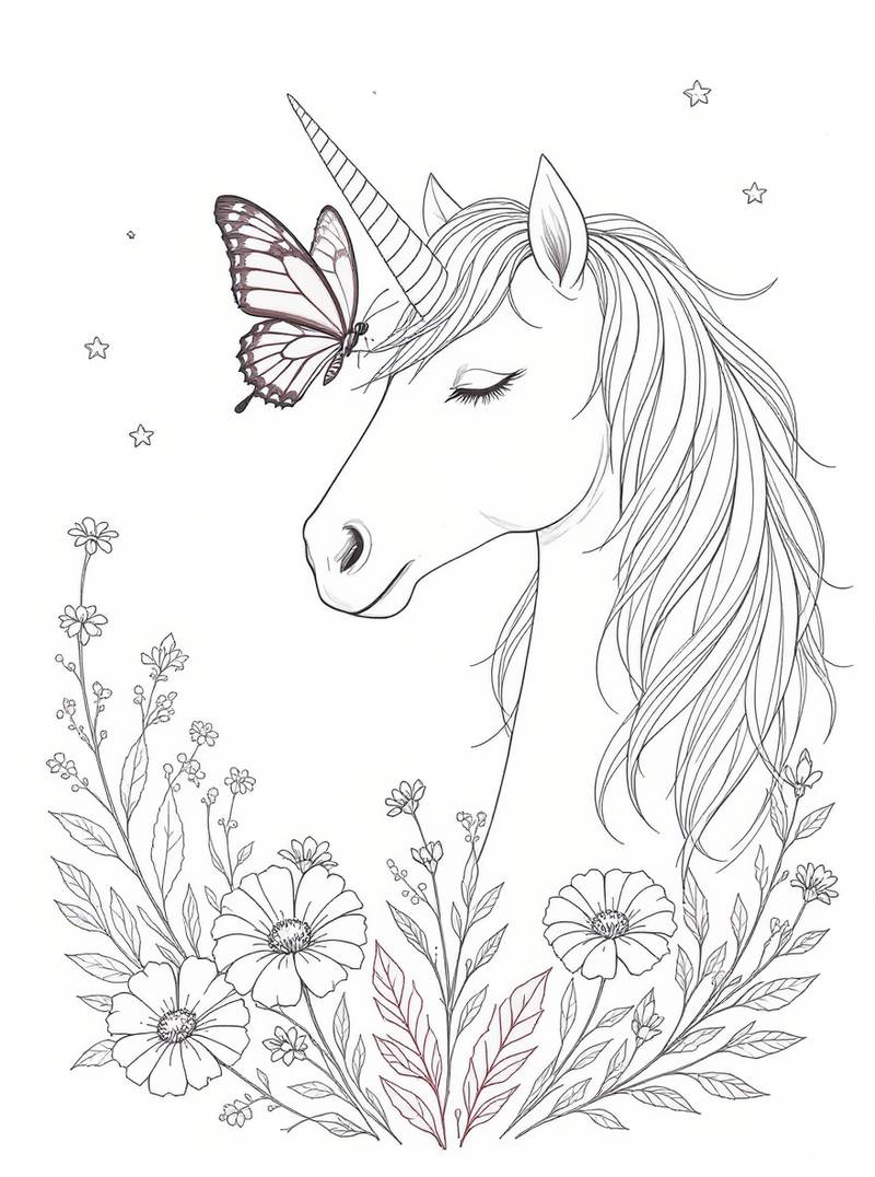 Retrato grácil de unicornio rodeado de flores detalladas y hermosa mariposa en entorno de jardín pacífico
