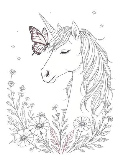 Retrato grácil de unicornio rodeado de flores detalladas y hermosa mariposa en entorno de jardín pacífico
