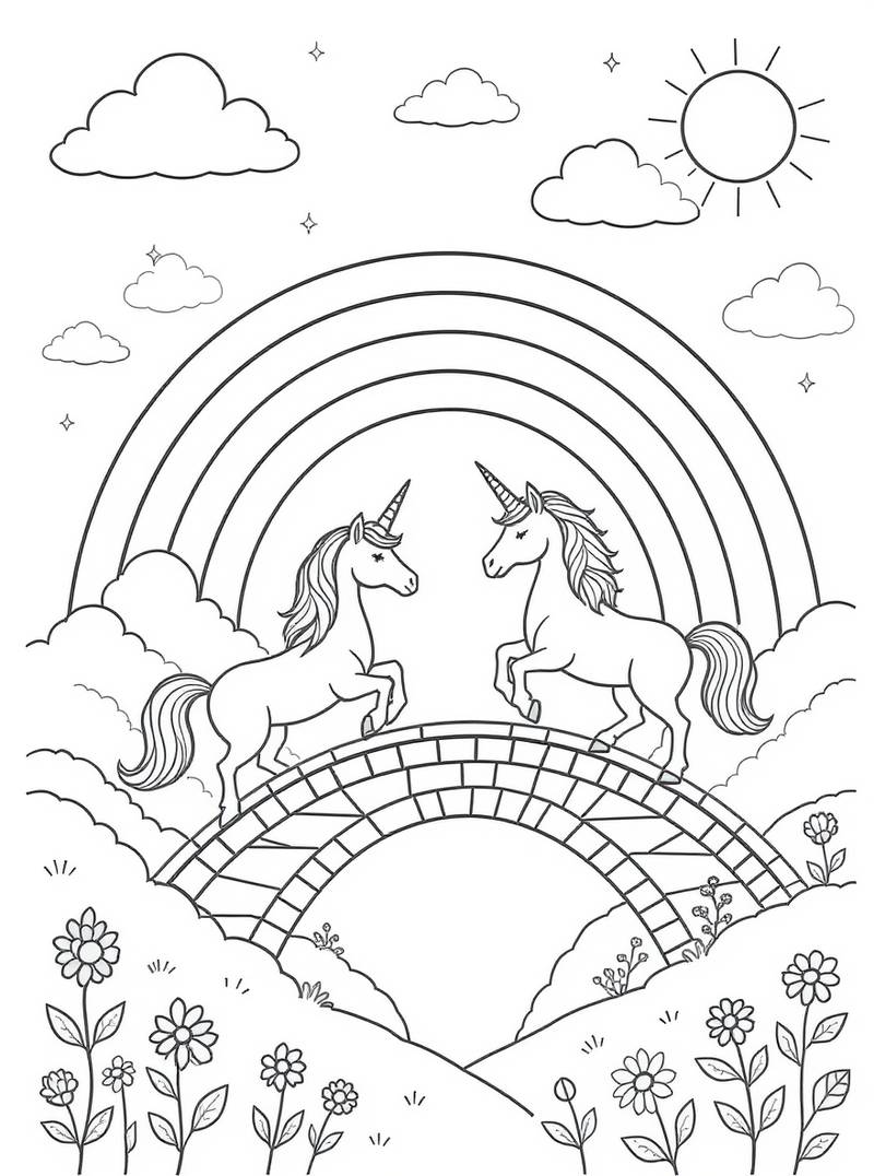 Dos unicornios juguetones saltando en un puente arcoíris rodeado de nubes y flores