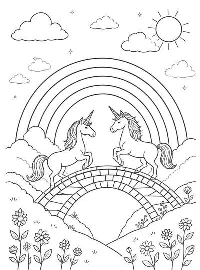 Dos unicornios juguetones saltando en un puente arcoíris rodeado de nubes y flores