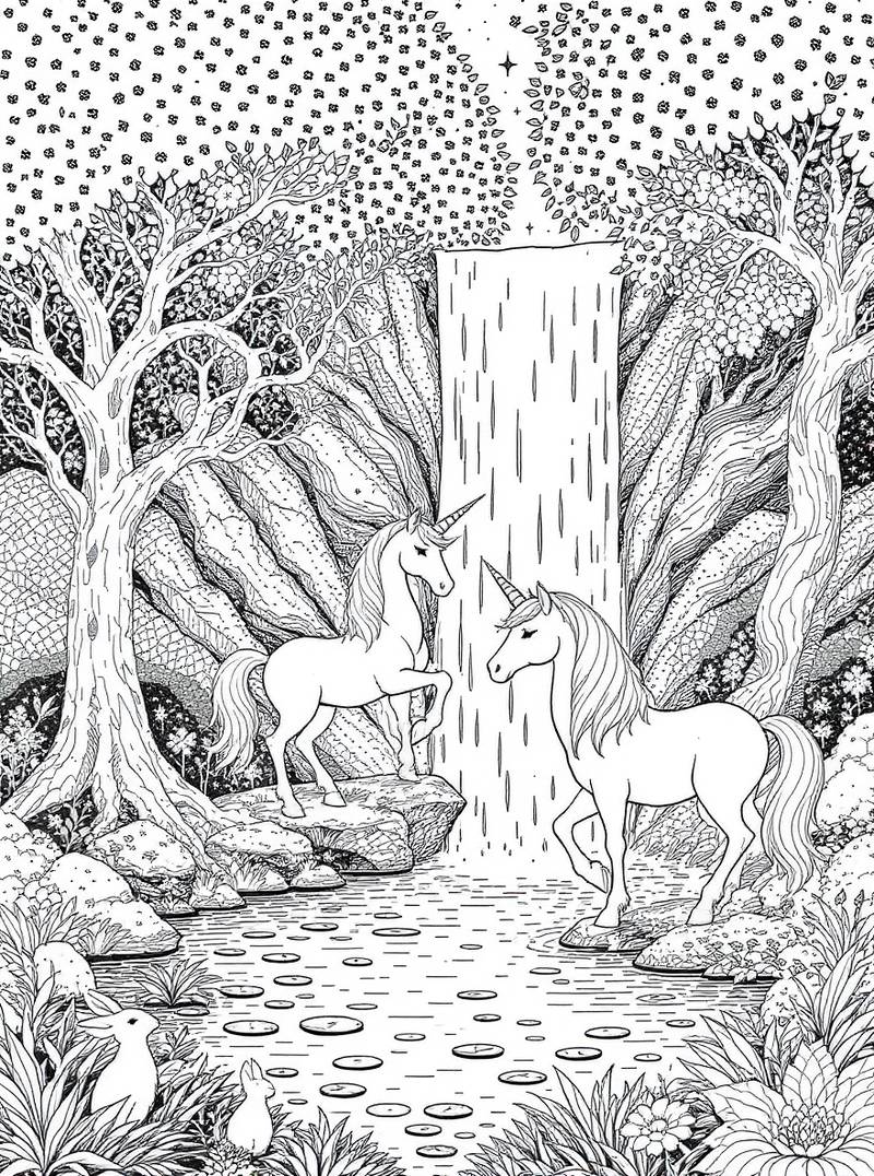 Dos unicornios majestuosos de pie junto a una cascada en un bosque encantado