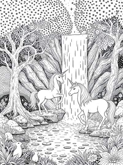 Dos unicornios majestuosos de pie junto a una cascada en un bosque encantado