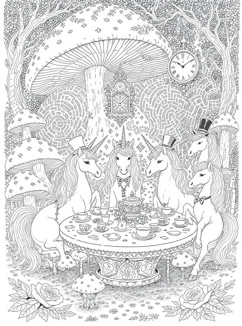 Unicornios caprichosos teniendo una fiesta de té mágica en el país de las maravillas con hongos, relojes y elementos fantásticos