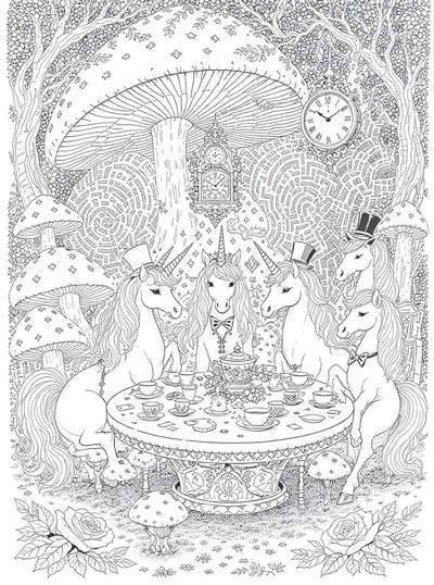 Unicornios caprichosos teniendo una fiesta de té mágica en el país de las maravillas con hongos, relojes y elementos fantásticos