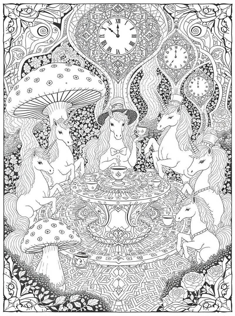 Unicornios sofisticados teniendo una elaborada fiesta de té con mesa ornamentada y elementos decorativos
