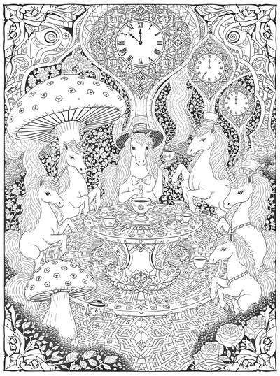 Unicornios sofisticados teniendo una elaborada fiesta de té con mesa ornamentada y elementos decorativos